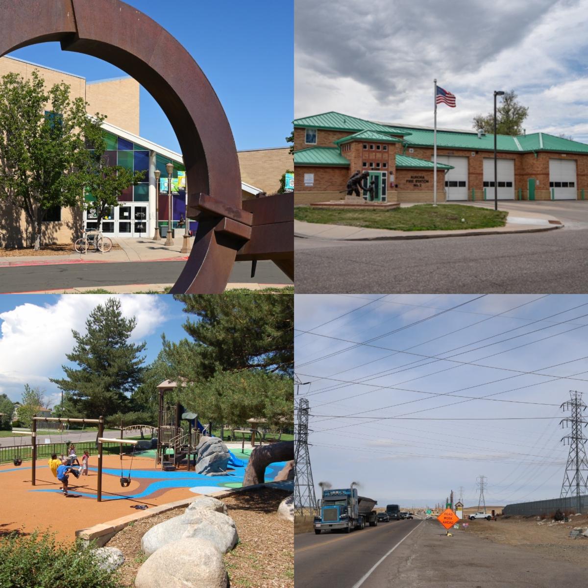 This collage of images of a library, fire station, park and road links to a webpage about Build Up Aurora