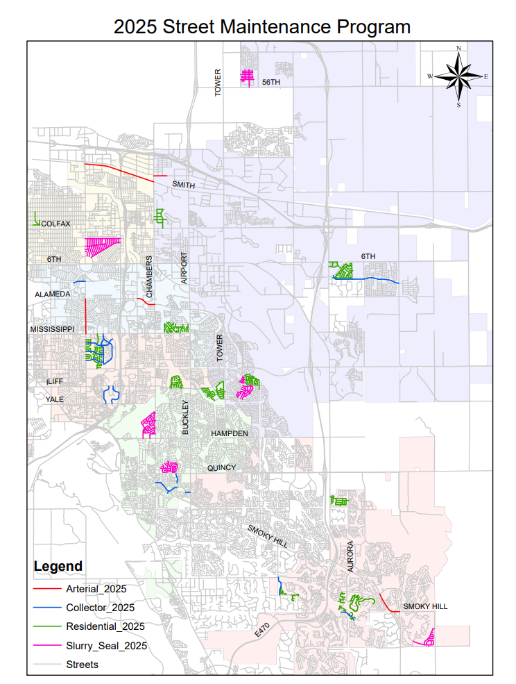 This image of a map of Aurora shows the streets scheduled for street maintenance in 2025.