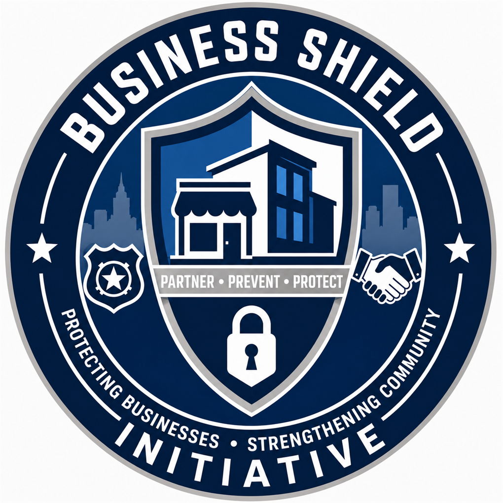 This graphic with the words Business Shield Initiative that resembles a badge links to a webpage with more information on the Business Shield initiative