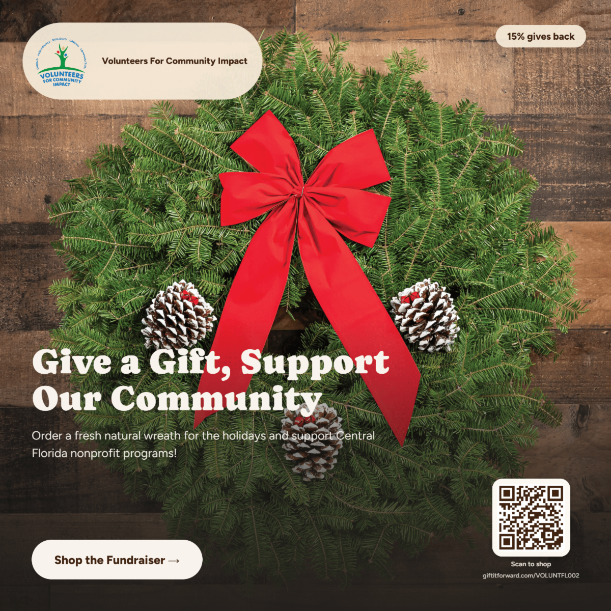 Fresh holiday wreaths supporting Volunteers for Community Impact