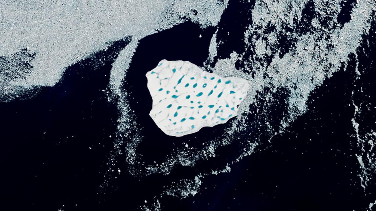 A detailed view shows an iceberg's bright white surface pocked with light blue meltwater ponds. Broken pieces of sea ice float around the iceberg in otherwise dark blue ocean water.
