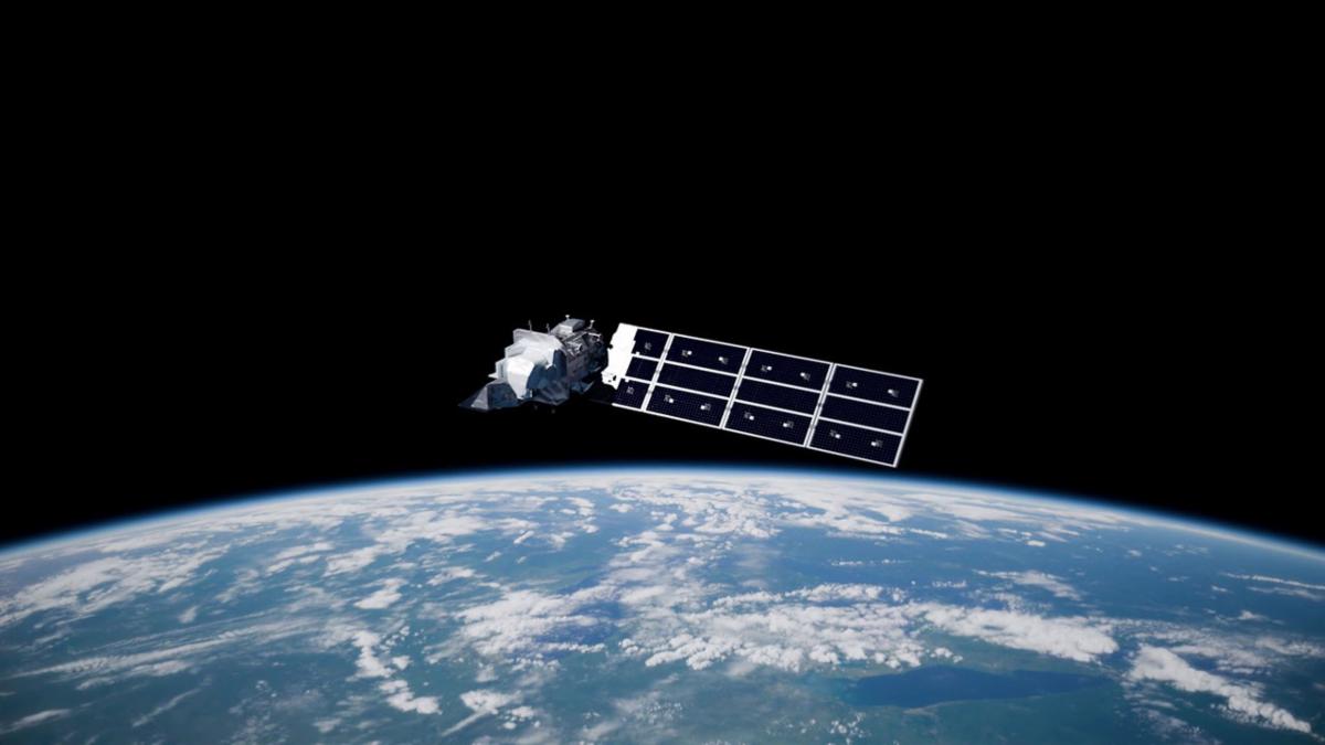 A 3D artist rendering of the Landsat 9 spacecraft with the Earth underneath. 