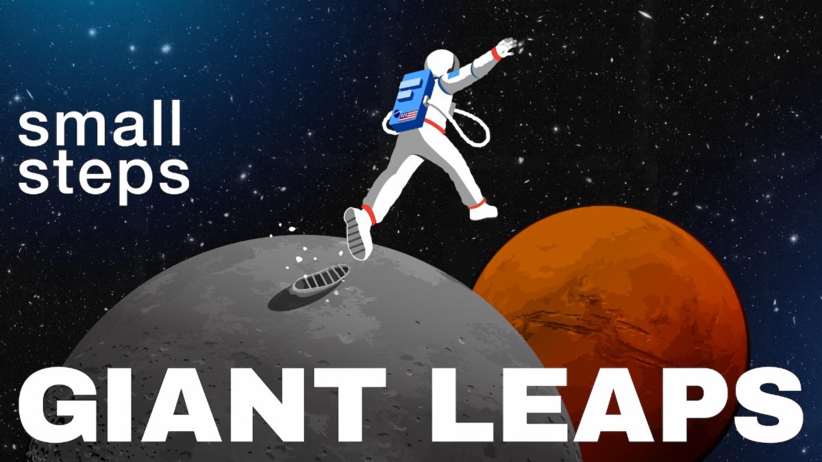 Podcast logo featuring an illustrated astronaut leaping from the Moon to Mars. Credit: NASA
