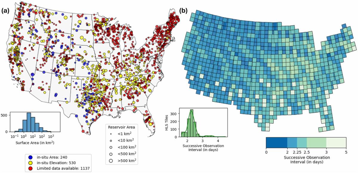 Maps of reservoir distribution and observation frequency across the Continental United States. The left shows the location and size of reservoirs while the right shows HLS data coverage. 