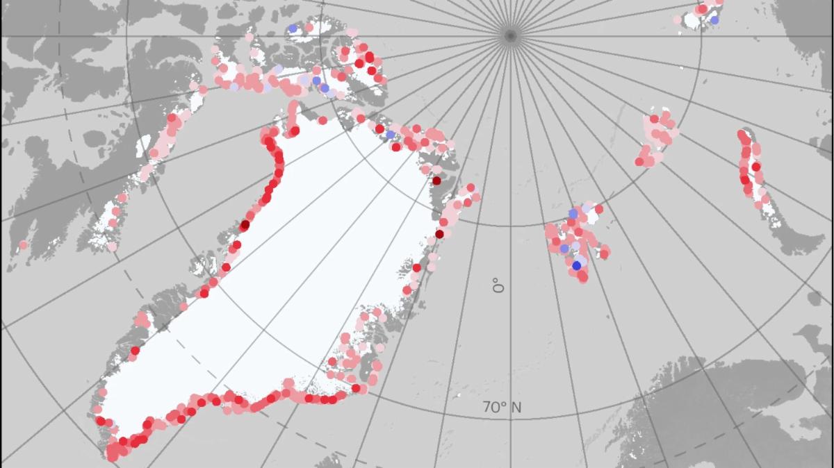 Map showing the Arctic. Red dots around Greenland and other other Arctic landmasses indicate new coastline exposed as a result of glacial retreat.