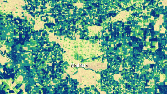 Map image of 2020 annual actual evapotranspiration (ETa) in the Modesto, California, area, as determined by the SSEBop ET model from the USGS Earth Resources Observation and Science (EROS) Center.