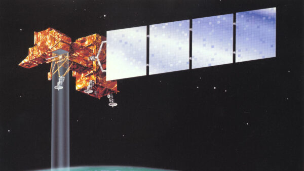 Landsat 7 graphic, shown passing over Earth.