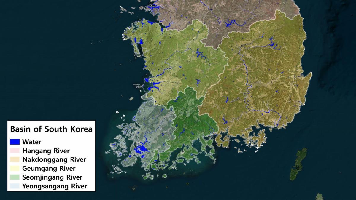 Map of South Korea with water systems highlighted. 