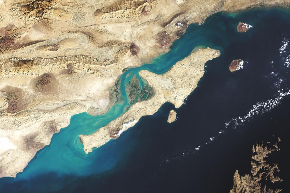 A natural-color Landsat 8 image of the Persian Gulf (Arabian Gulf) acquired on November 21 2024. In the image deep ocean is dark blue sediment surrounding an island off the coast is turquoise and bare earth is tan.