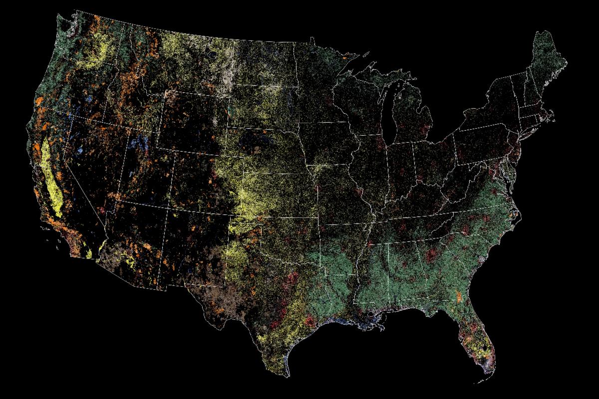 A map of the United States with a color-coded overlay showing the most recent type of land disturbance detected between 1998 and 2022, broken down into several types of wild disturbances and human-directed changes.