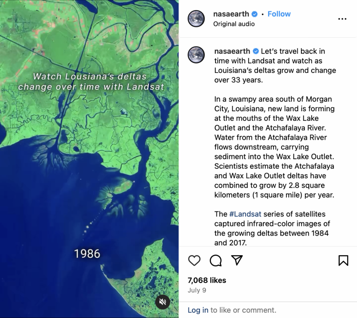 Screenshot of Instagram reel on the NASA Earth account showing how Landsat satellites have viewed Atchafalaya Bay and Wax Lake. 