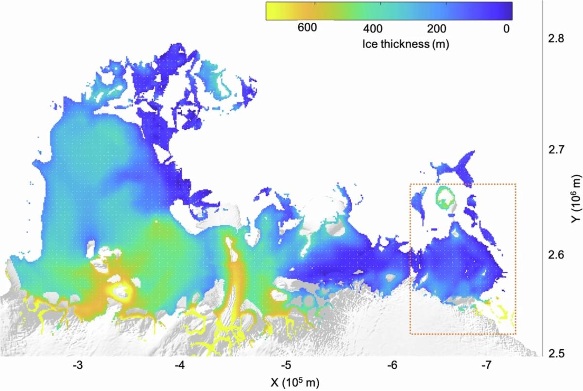 Map of ice thickness in the Shackleton Ice Shelf in Antartica