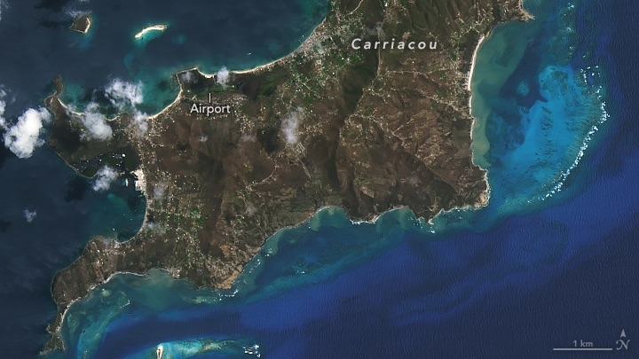 A natural-color Landsat 8 image of Carriacou Island acquired on July 6, 2024. In this image, the now damaged vegetation appears greenish-brown with light blue reefs lining the island encompassed by dark blue ocean. White text in the image highlights Carriacou and an airport located on the island. 