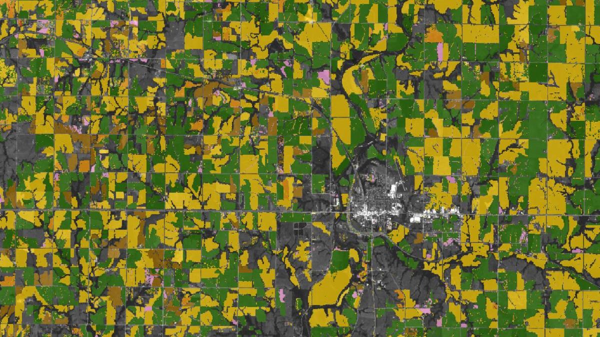 A crop map shows farmland around Marysville in northeast Kansas in 2019. Different colors depict crop type like corn (yellow) winter wheat (brown) soybeans (green) alfalfa (pink) and sorghum (orange).