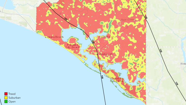 This map shows the surface roughness categories (open suburban treed) used for Bay County Florida in the Panhandle region. The categories are based on National Land Cover Database classifications. 