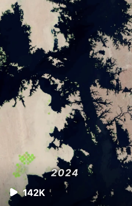 Screenshot of an Instagram reel posted by NASA Earth featuring a Landsat time series of Egypt's Lake Nasser.