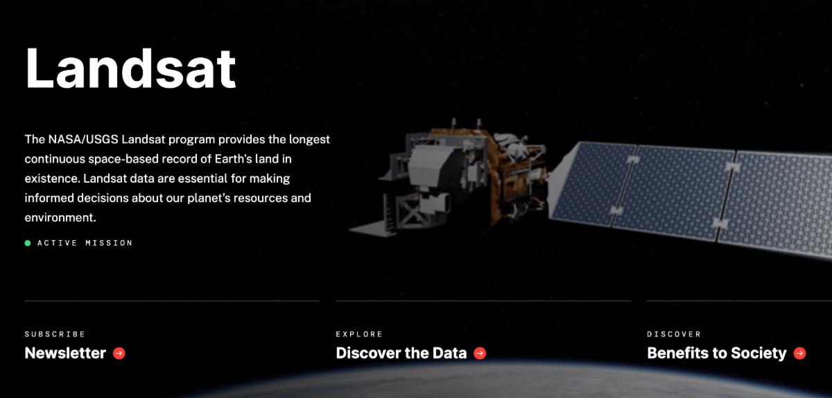 A screenshot of the new Landsat Science website. There is an artist rendering of the Landsat 8 spacecraft on the right and on the bottom are three buttons to learn more about Landsat.