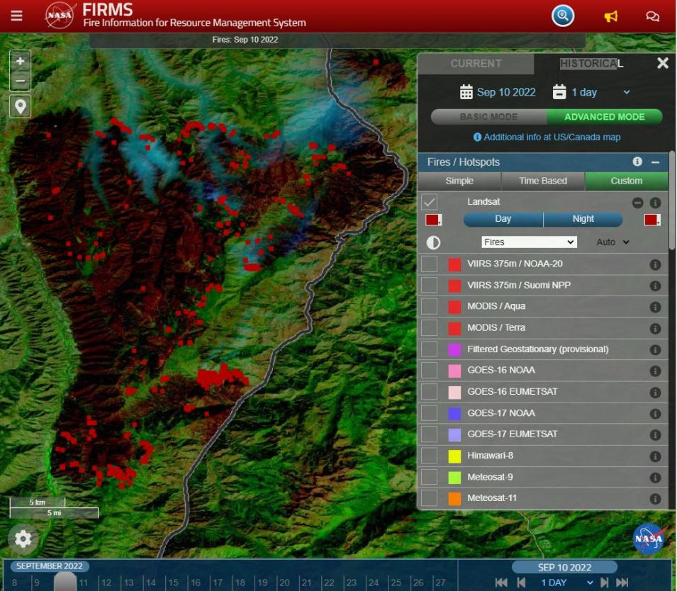 This screen capture from FIRMS shows Landsat active fire imagery of the Double Creek Fire in Oregon on September 10 2022. The Landsat Active Fire and Thermal Anomalies product is generated from the Landsat Operational Land Imager (OLI). The 30 m Landsat OLI fire data complement the VIIRS and MODIS fire detections providing spatially explicit information for active fire fronts and scattered isolated fires within large fire perimeters. Credit NASA LANCE.