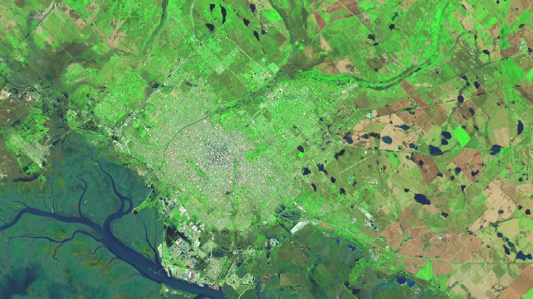 A false-color satellite image shows the Argentinian port city, Bahía Blanca, after an intense rainstorm. Areas of flooding are visible within developed areas. Fields surrounding the city appear greener and have many areas of standing water. The estuary south of the city appears more saturated.