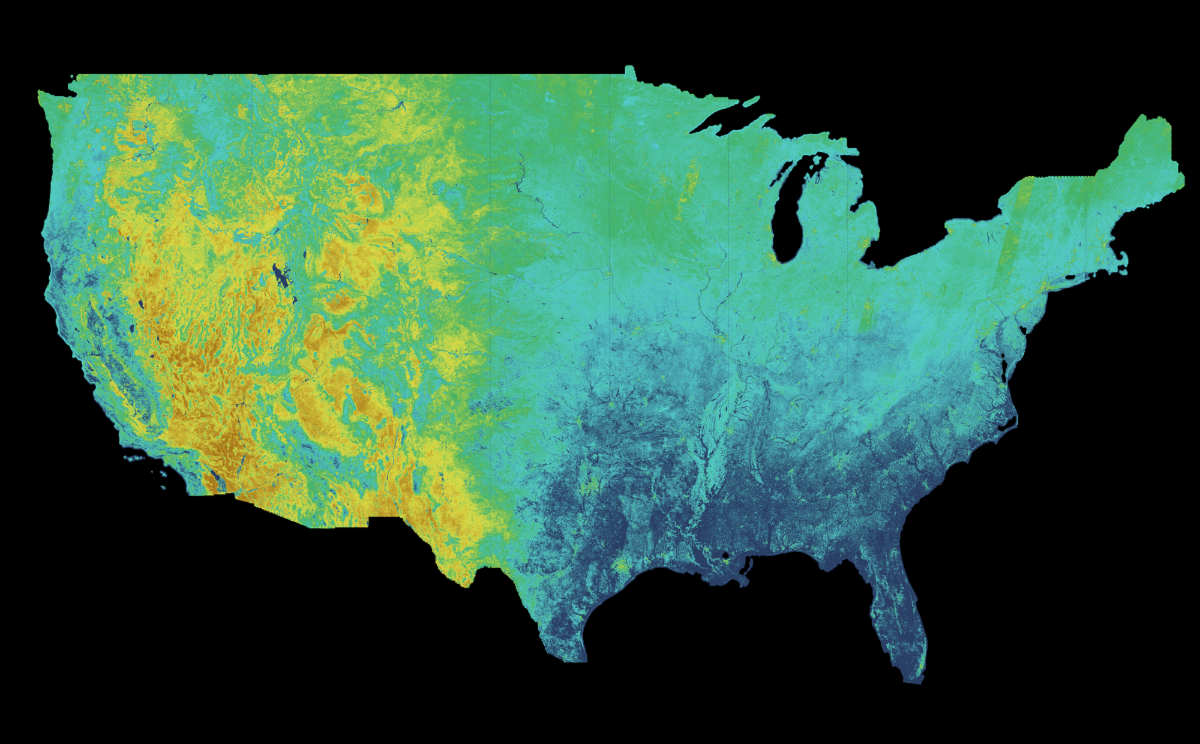 A map of evapotranspiration in the contiguous United States, provided by the OpenET dataset based off of Landsat data. In the map, areas with higher ET appear shades of blue, and areas with lower ET appear orange and yellow.