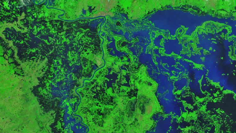 A false-color satellite image captured on February 9, 2026, shows extensive flooding along the Sinu River near Lorica. Dark floodwaters are visible against the green landscape on both sides of the river but especially to its east.
