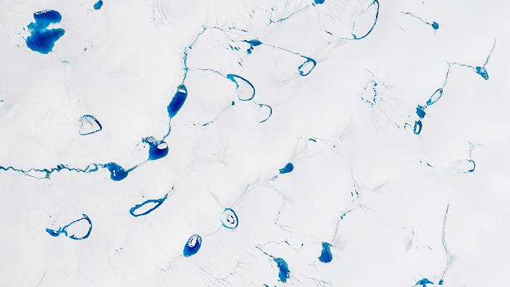 A close-up view of the Greenland Ice Sheet shows a detailed view of the blue meltwater ponds surrounded by white snow and ice. Thin streams of blue water connect some of the ponds.