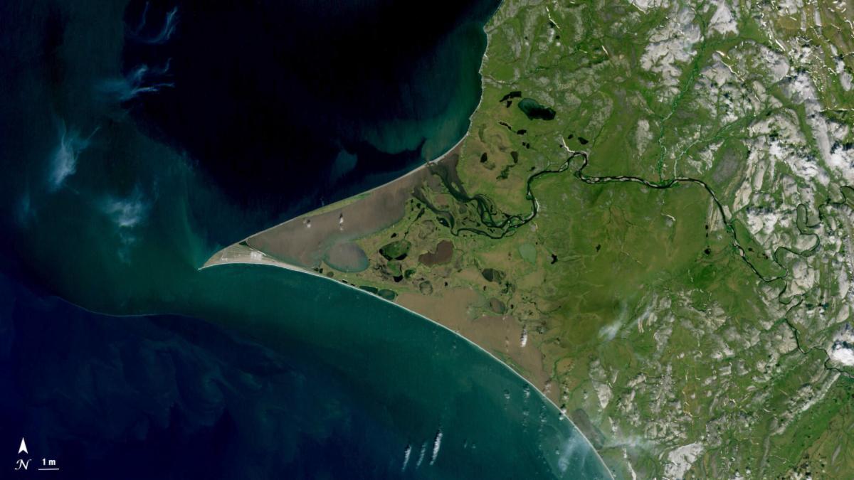 Landsat 8 captured this true color image of Point Hope in the Alaskan Chukchi Sea on July 20, 2024. Analysis by Nylén et al., 2025 shows that the coastline is eroding in the northwest corner near the airport and accreting on the southern coast close to a settlement.
