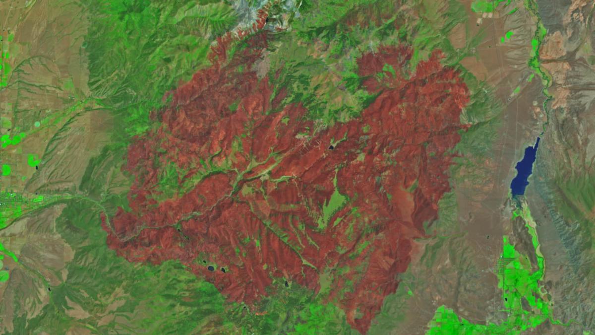 An image of a burned area shows a large brown patch spanning much of the image in an image acquired after the fire on June 29, 2026.