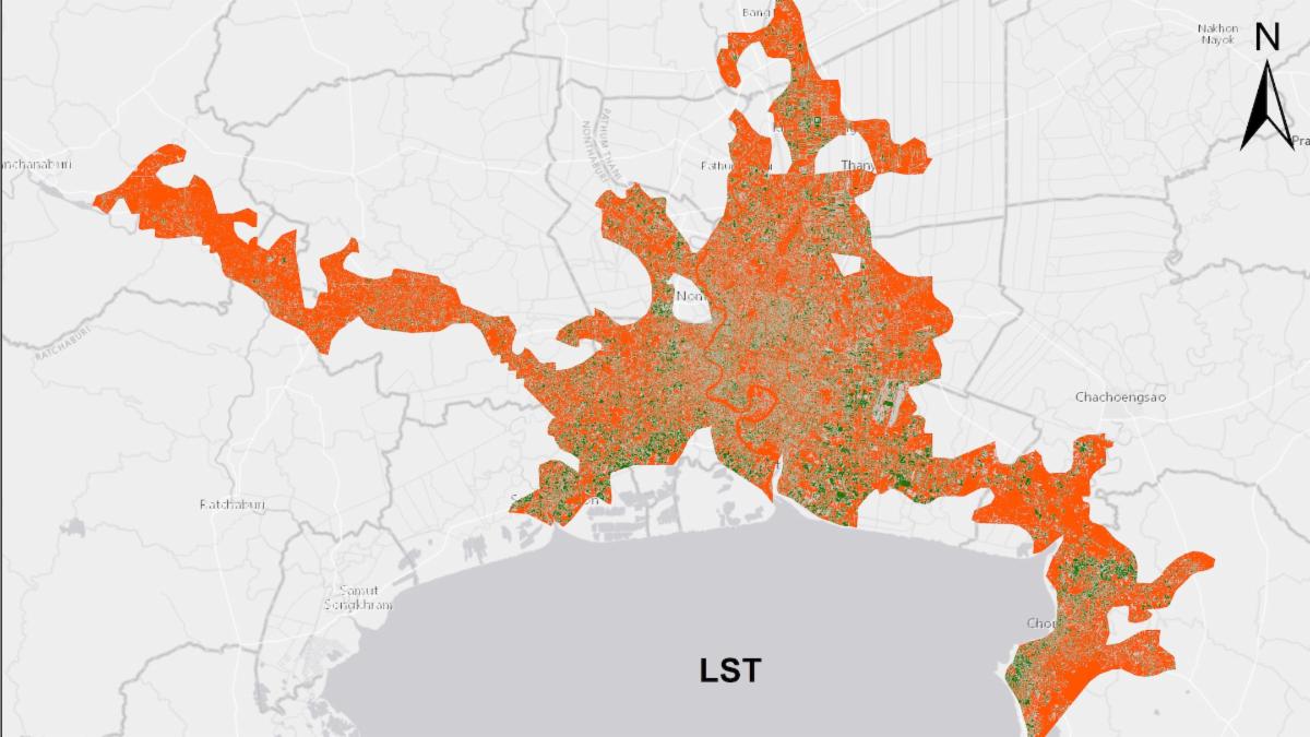 Map of 30-year LST (Land Surface Temperature) trend in Bangkok. Grey represents no significant change, green represents significantly increasing trend, and orange represents a significantly decreasing trend. 
