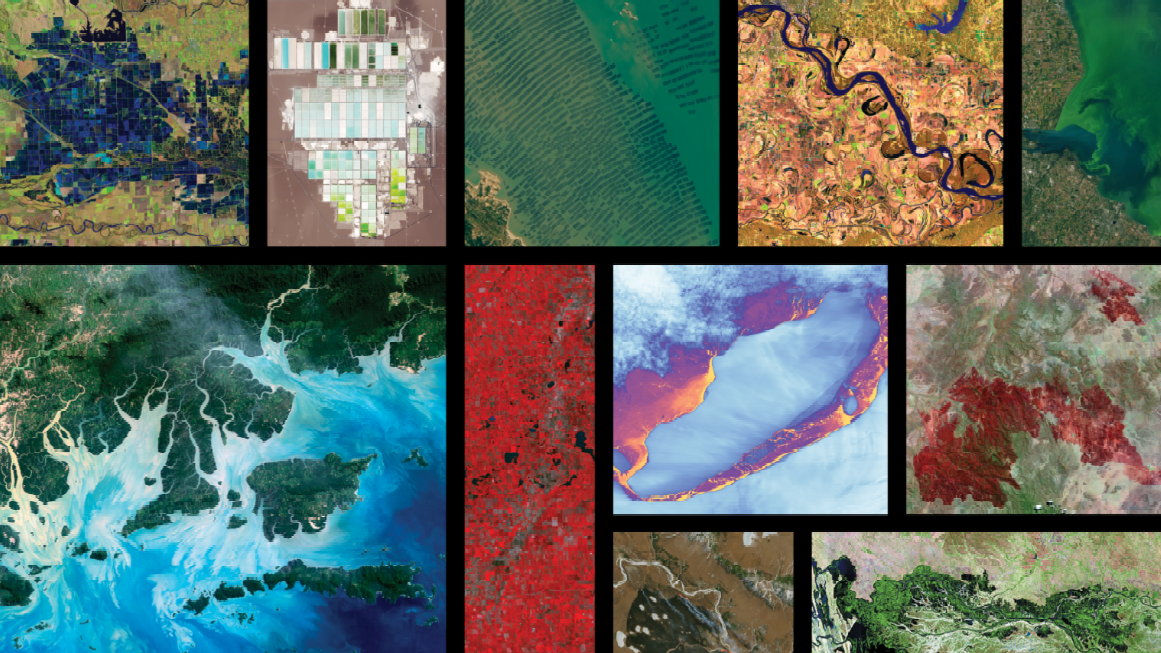 A collage of Landsat images of various societal benefits including false- and natural-color images of Earth features. 