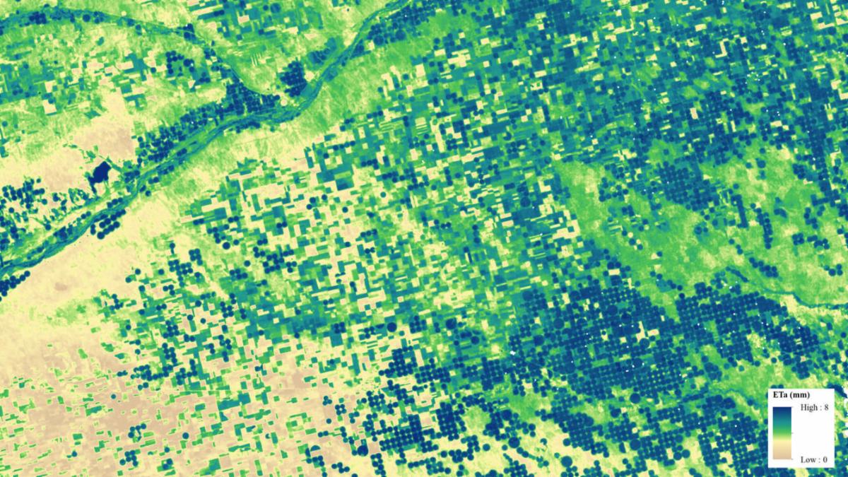 Example of Landsat Provisional Actual Evapotranspiration (ETa) product near the Colorado/Nebraska border near the Platte River. ETa measures the amount of water evaporated from land surfaces and transpired by plants.