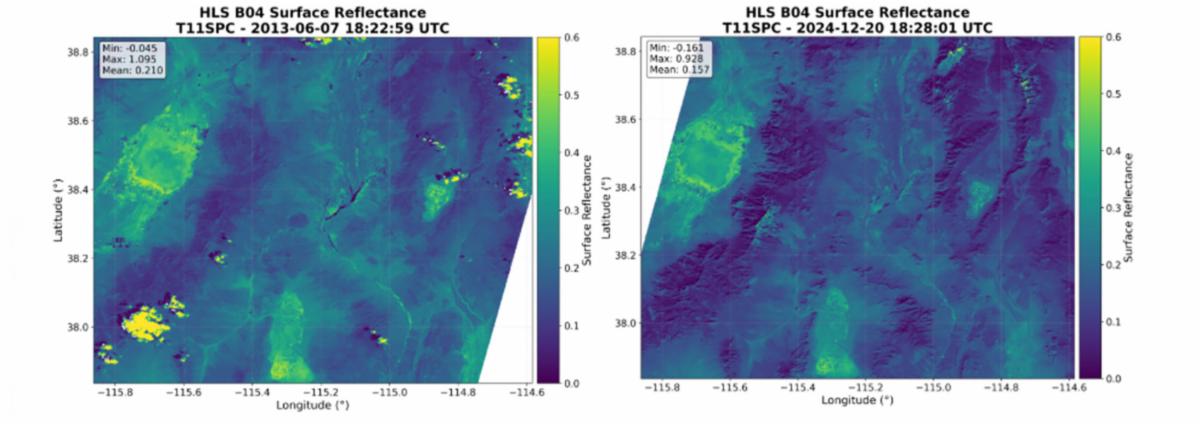 Comparison of the HLS L30 (Landsat-8/9, left) and S30 (Sentinel-2 A/B, right) surface reflectance products for the B04 (red) band over the Railroad Valley Playa (RVUS) RadCalNet site. The images demonstrate how observations from distinct sensors are harmonized to a common 30-m spatial resolution and military grid reference system, highlighting the uniform spatial characteristics of the playa within the designated extraction area used for ground-truth validation.