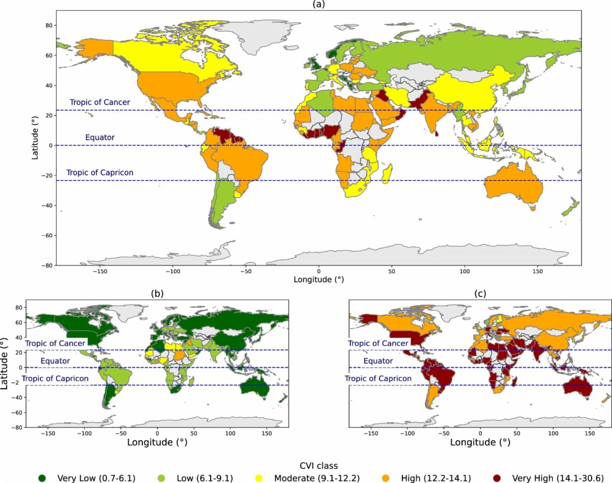 This map displays a. the median CVI class, b. the 10th percentile CVI class, and c. the 90th percentile CVI class per country. The countries with the highest risk are in the tropics, especially West Africa and northern South America. 