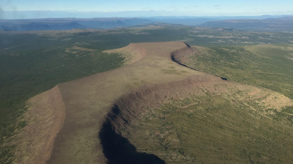 Aerial view of the Siberian Traps, a large region of volcanic rock in Siberia. This image was captured by NASA researchers flying over the region on their way to perform fieldwork in the boreal forests. 