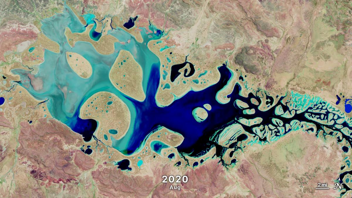A infrared-color Landsat time series of Lake Carnegie, Australia, in August 2020, using Landsat 8/9 bands 7 (SWIR 2), 5 (NIR), and 4 (Red) to highlight seasonal variations in water, vegetation, and surrounding land.