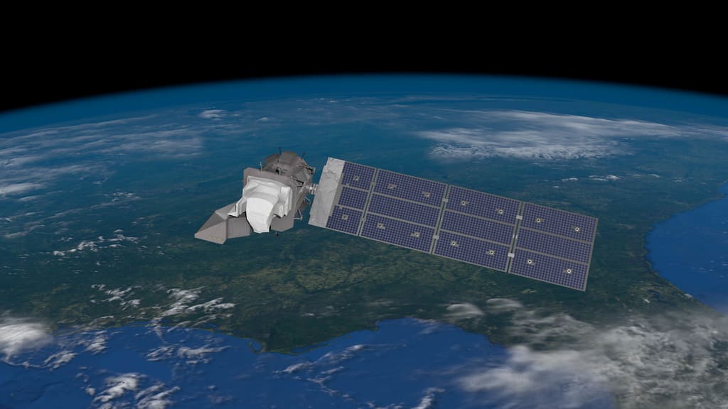 An artist's conception of the Landsat 9 spacecraft the ninth satellite launched in the long-running Landsat program high above the US Gulf Coast.