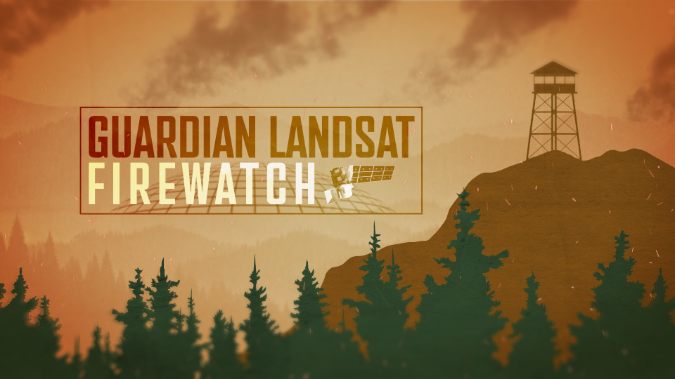 Thumbnail image for a video titled, "Guardian Landsat - Firewatch" that features a hazy orange graphic with green trees at the bottom and a mountain in the background.