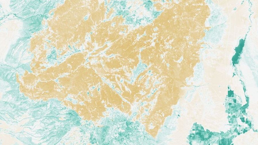 Normalized Burn Ratio (NBR) image of the Cottonwood Fire area in Utah, acquired after the fire by Landsat 8 on June 29, 2026. Healthy vegetation appears in shades of teal, while burn scars appear brown and orange.