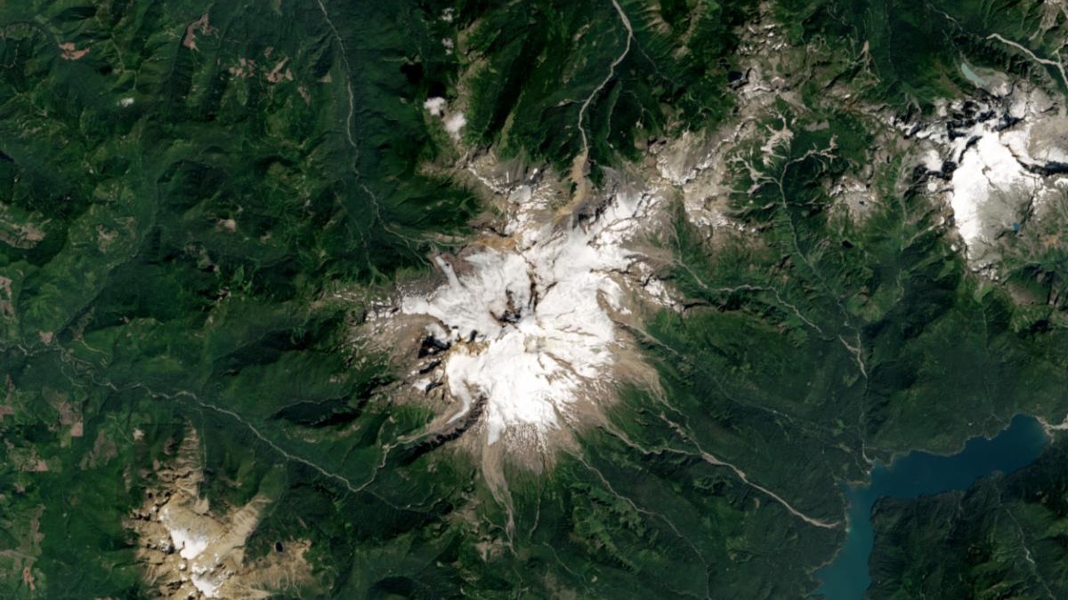 A Landsat 9 satellite image of Mount Baker in the North Cascades acquired on August 17, 2024.