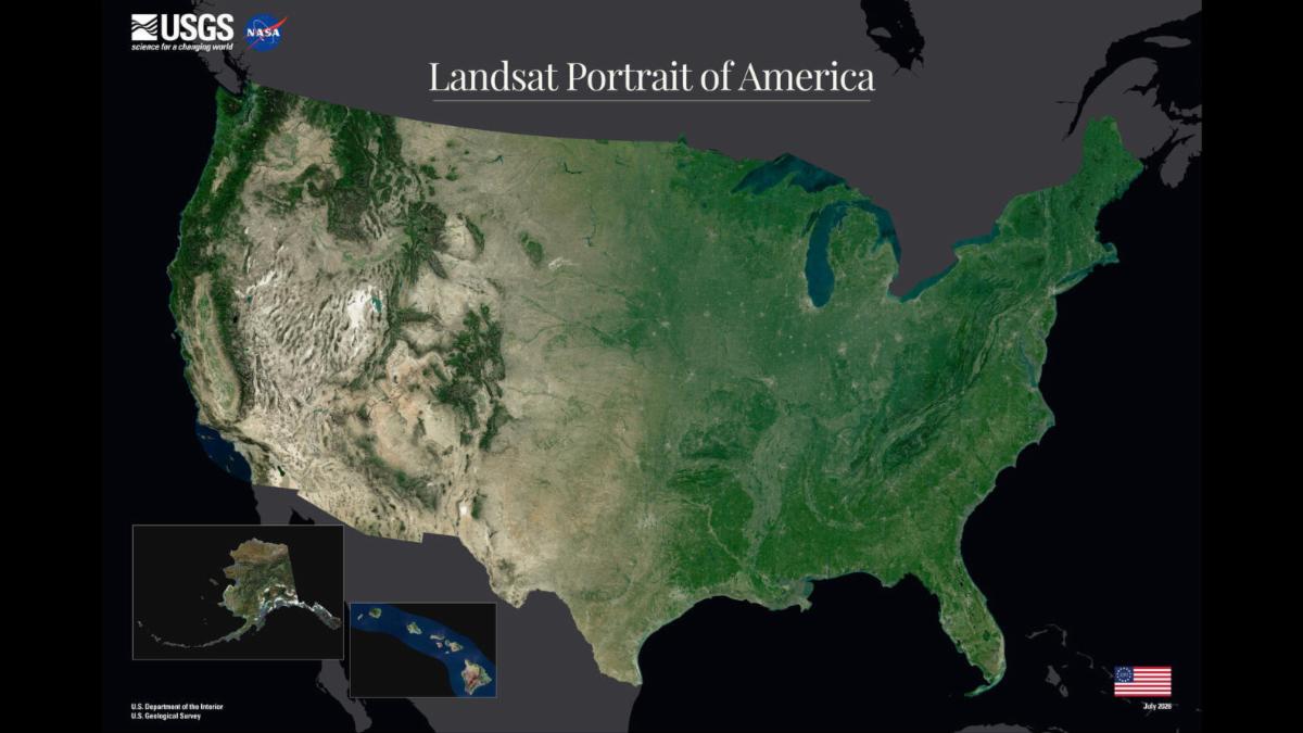 A screenshot of the front of the USGS 250 Portrait of America poster. It features a satellite mosaic of the United States including Alaska and Hawaii and has a black/gray background. 