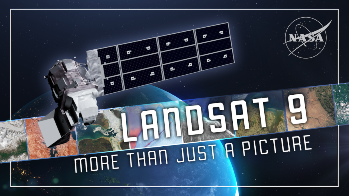 Thumbnail for Landsat 9 More Than a Picture video. An artists rendering of Landsat 9 satellite floats over a ribbon of Landsat images. 