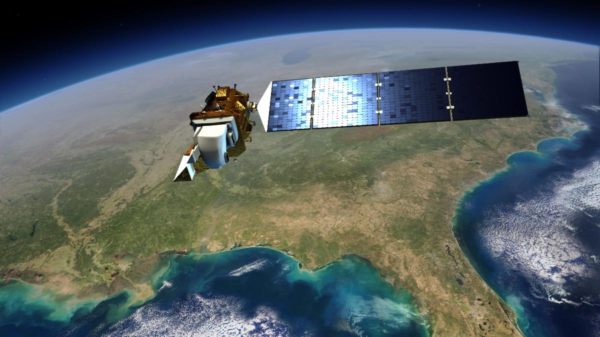 An artist's conception of the Landsat 8 satellite flying over the US Gulf Coast.