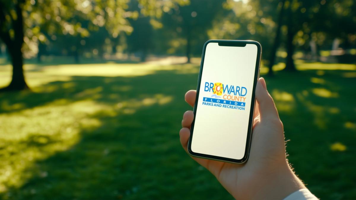 Person's hand holding a cell phone in a park with Broward County Logo on the cell phone screen.