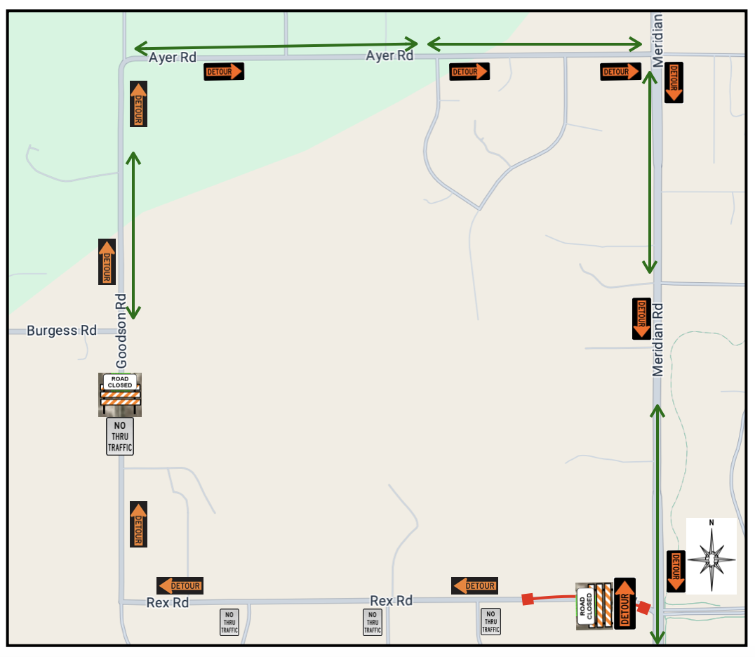 Detour map for closure on westside of Rex Road at Meridian Road