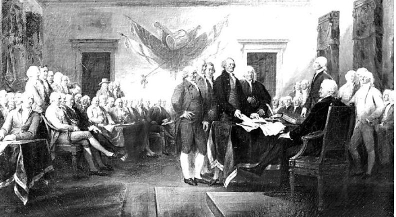 The original painting is titled “Declaration of Independence,” by John Trumbull, done in oil on canvas from the Yale University School of Fine Arts. The New York State Archives has a photograph of the oil painting (in NYSA series A3045 Division of Visual Instruction Lantern Slides, no. 657.)