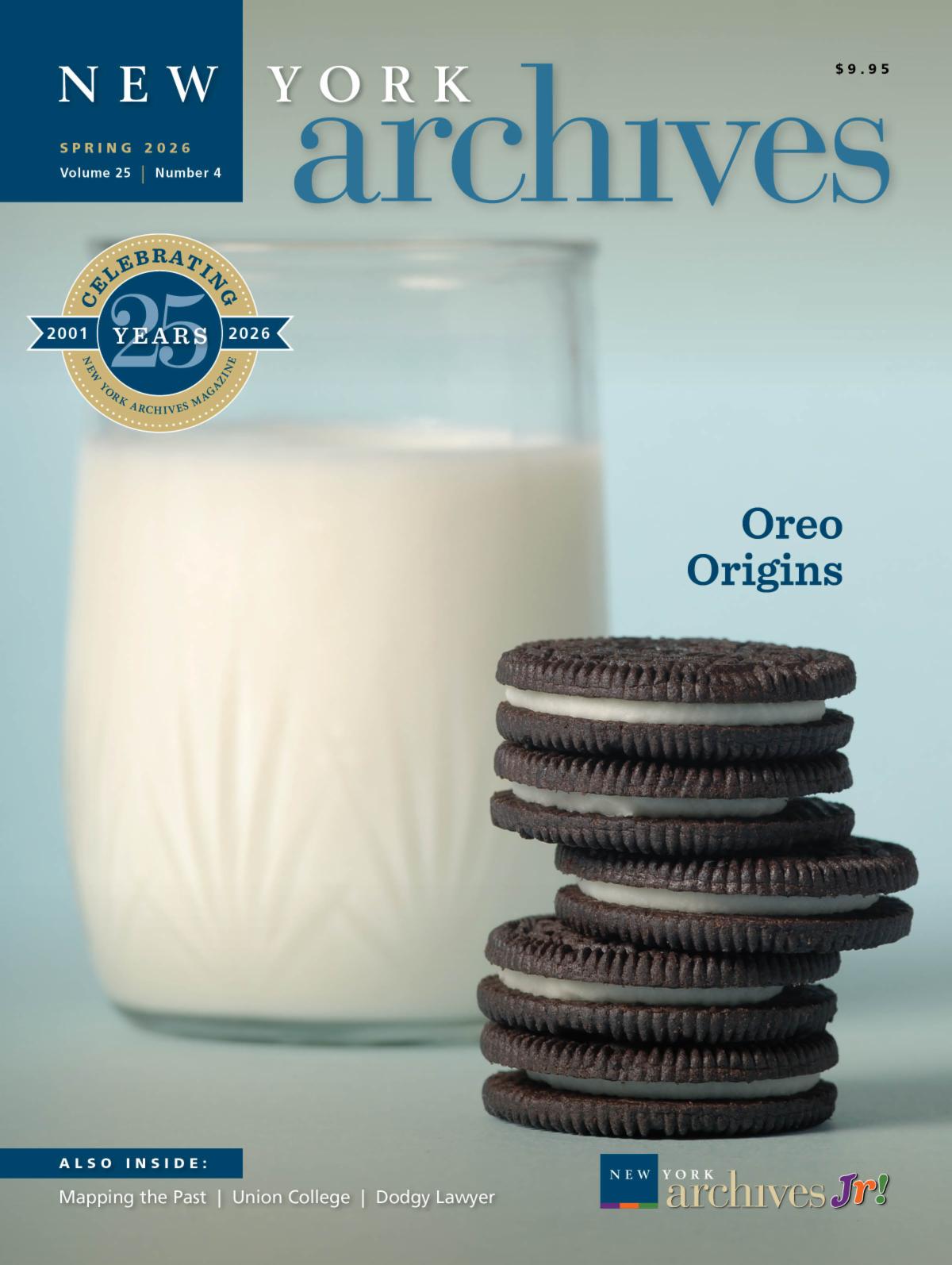 The Spring 2026 issue of New York Archives Magazine features Oreo cookies and a glass of milk.