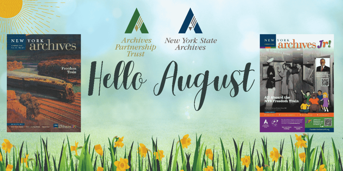 August eUpdate Banner with Summer Cover of "New York Archives" magazine and "Archives Jrs!"