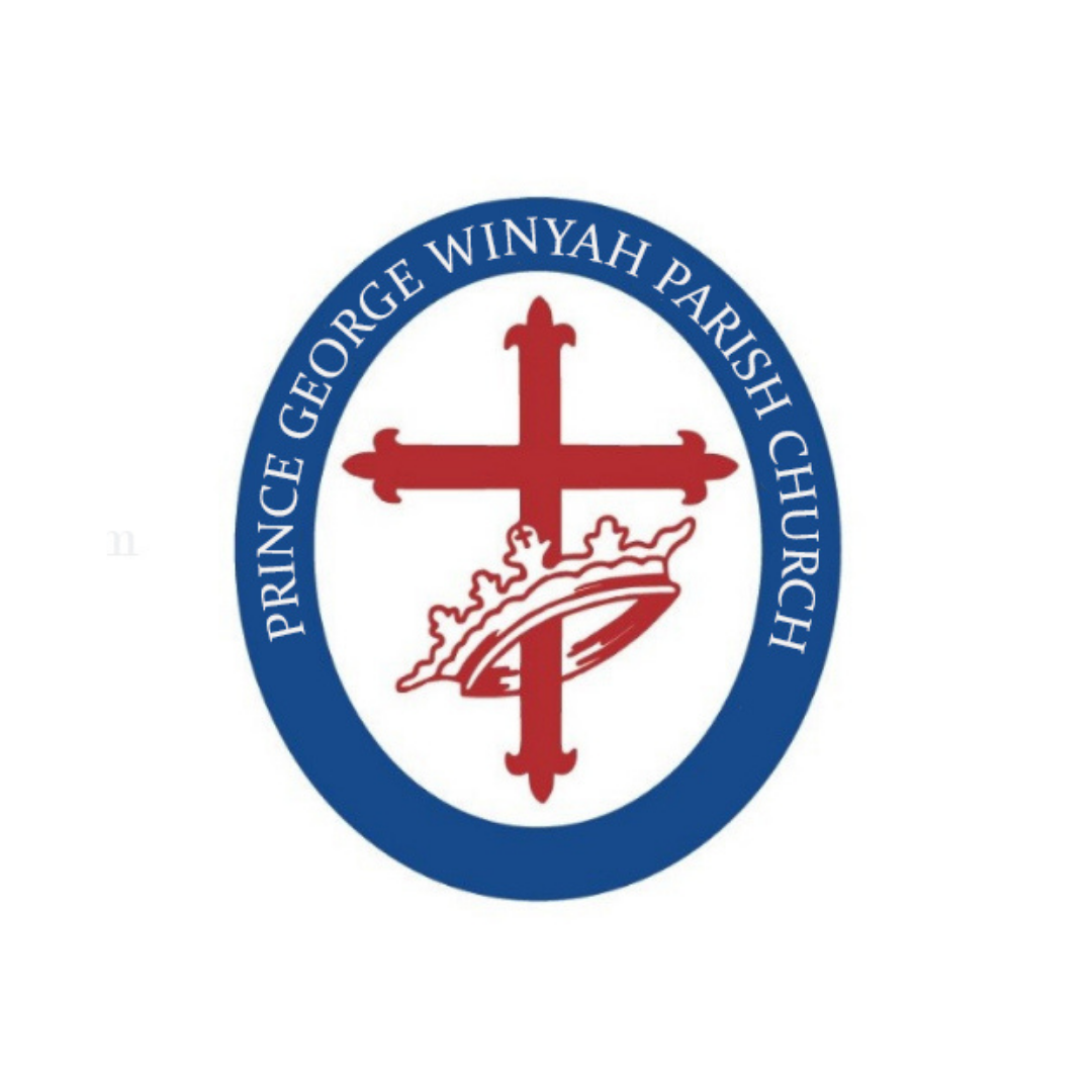 Image of red cross inserted into a red crown and surrounded by blue outline that says Prince George Winyah Parish Church