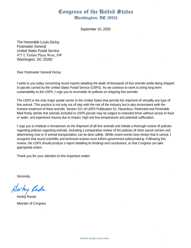 Join Congressman Harley Rouda's Call for Moratorium on USPS Live Animal