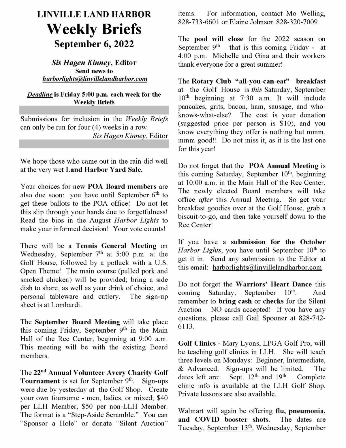 Weekly Briefs Linville Land Harbor September 6, 2022